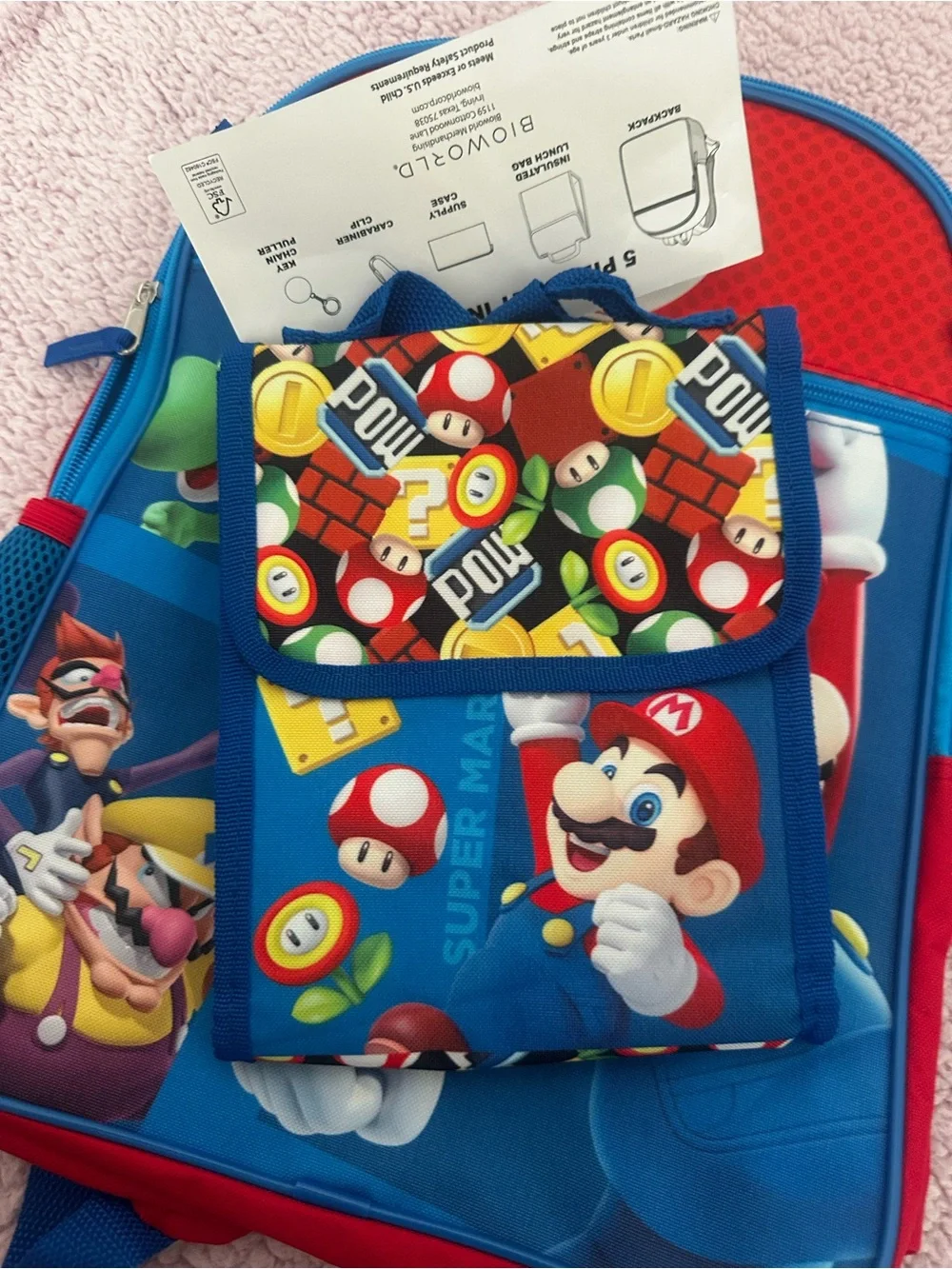 Disney Super Mario Blue Red Kids Backpack Set - 5 Piece